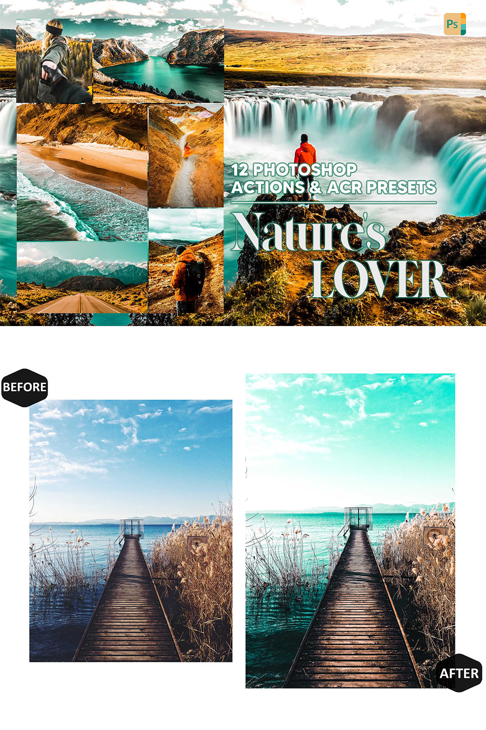 12 Photoshop Actions, Nature's Lover Ps Action, Landscape ACR Preset, Scenery Ps Filter, Atn Portrait And Lifestyle Theme For Instagram, Blogger pinterest preview image.