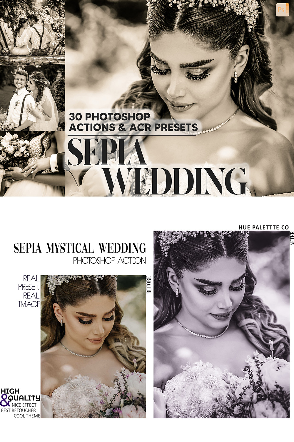 30 Photoshop Actions, Sepia Wedding Ps Action, Bride Groom ACR Preset, B&W Ps Filter, Atn Portrait And Lifestyle Theme For Instagram Blogger pinterest preview image.