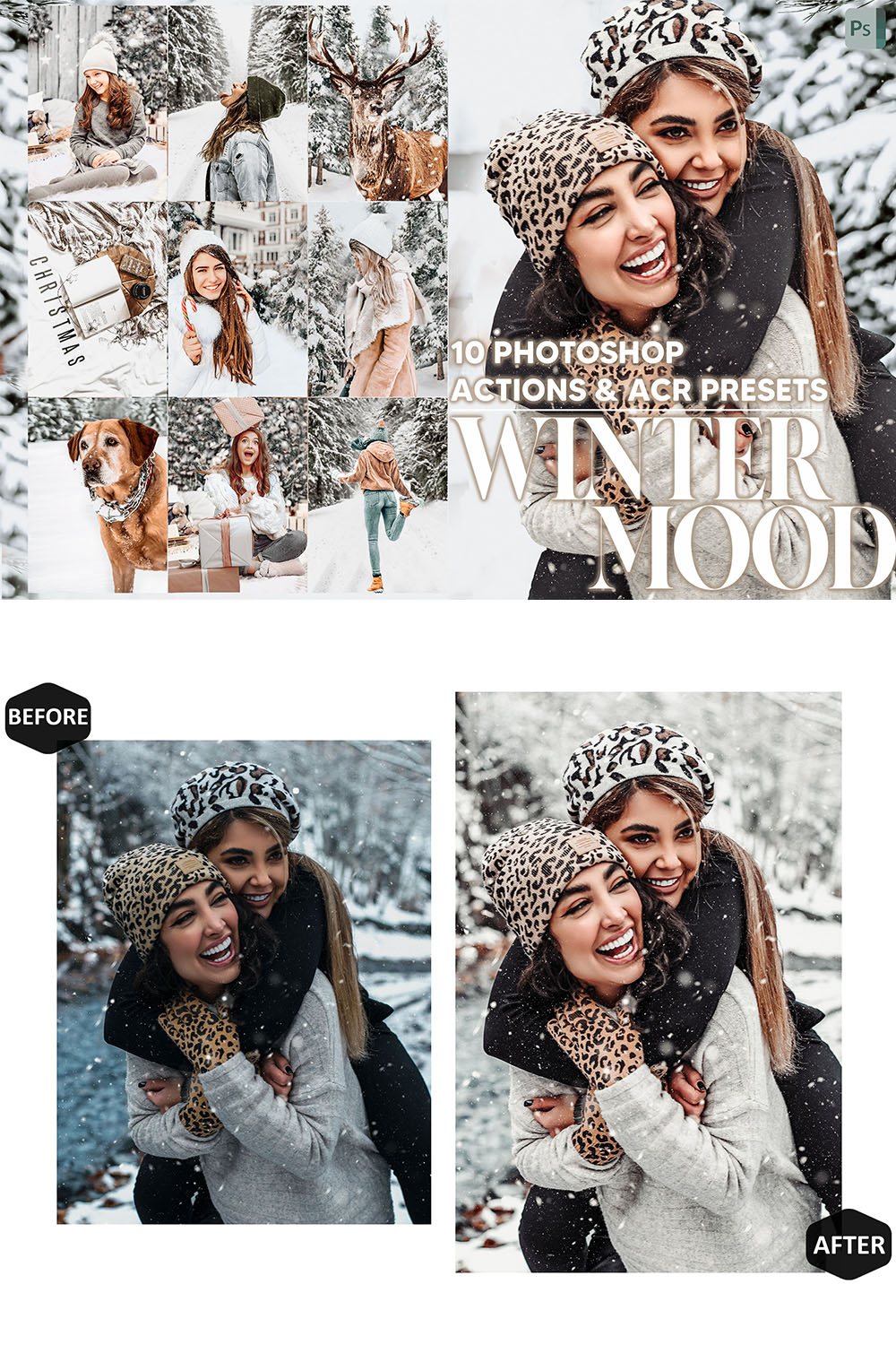 10 Photoshop Actions, Winter Mood Ps Action, Christmas ACR Preset, Bright Ps Filter, Atn Portrait And Lifestyle Theme For Instagram, Blogger pinterest preview image.