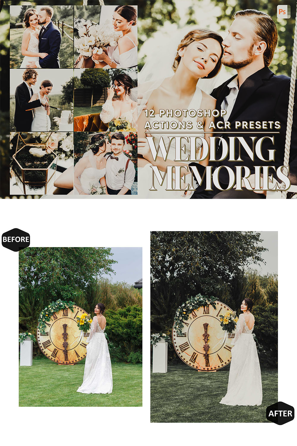 12 Photoshop Actions, Wedding Memories Ps Action, Matte airy ACR Preset, Romantic Ps Filter, Portrait And Lifestyle Theme For Instagram, Blogger pinterest preview image.