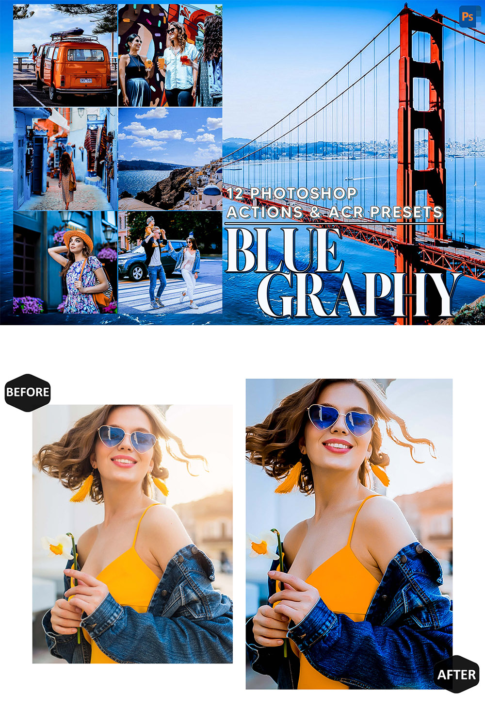 12 Photoshop Actions, Blue Graphy Ps Action, Bluish ACR Preset, Landscape Ps Filter, Atn Portrait And Lifestyle Theme For Instagram, Blogger pinterest preview image.