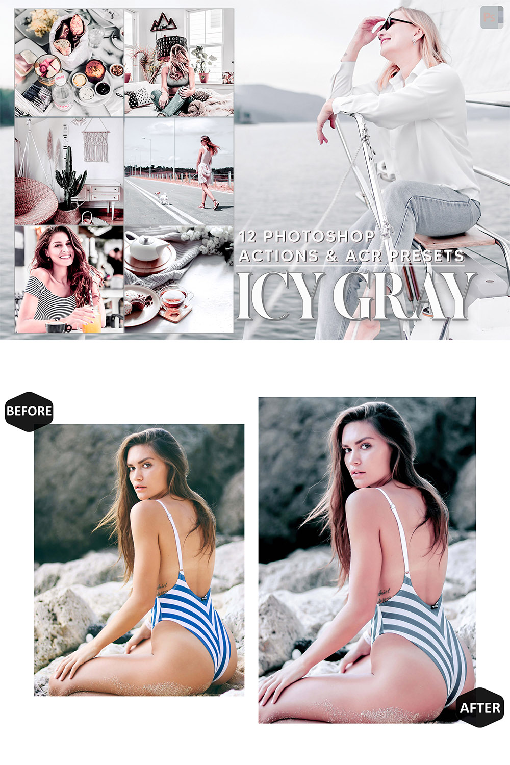 12 Photoshop Actions, Icy Gray Ps Action, Silver ACR Preset, Bright Grey Ps Filter, Atn Portrait And Lifestyle Theme For Instagram, Blogger pinterest preview image.