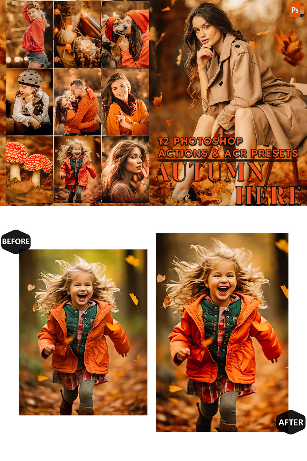 12 Photoshop Actions, Autumn Here Ps Action, Season Fall ACR Preset, Moody Ps Filter, Atn Portrait And Lifestyle Theme For Instagram, Blogger pinterest preview image.