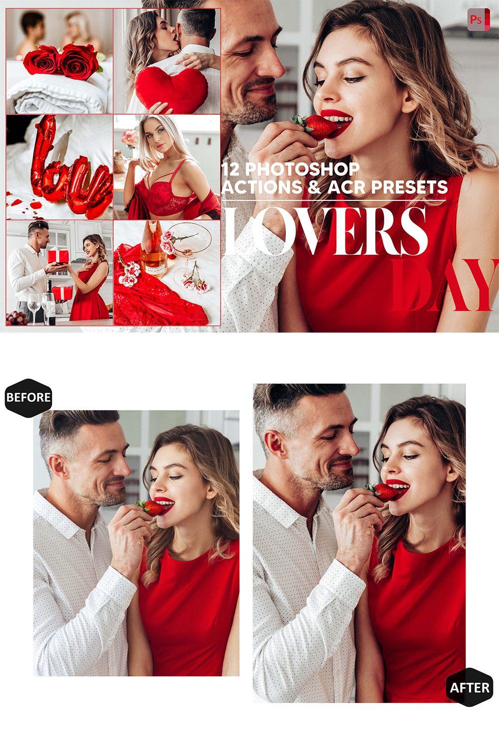 12 Photoshop Actions, Lovers Day Ps Action, Valentine ACR Preset, Romance Ps Filter, Atn Portrait And Lifestyle Theme For Instagram, Blogger pinterest preview image.