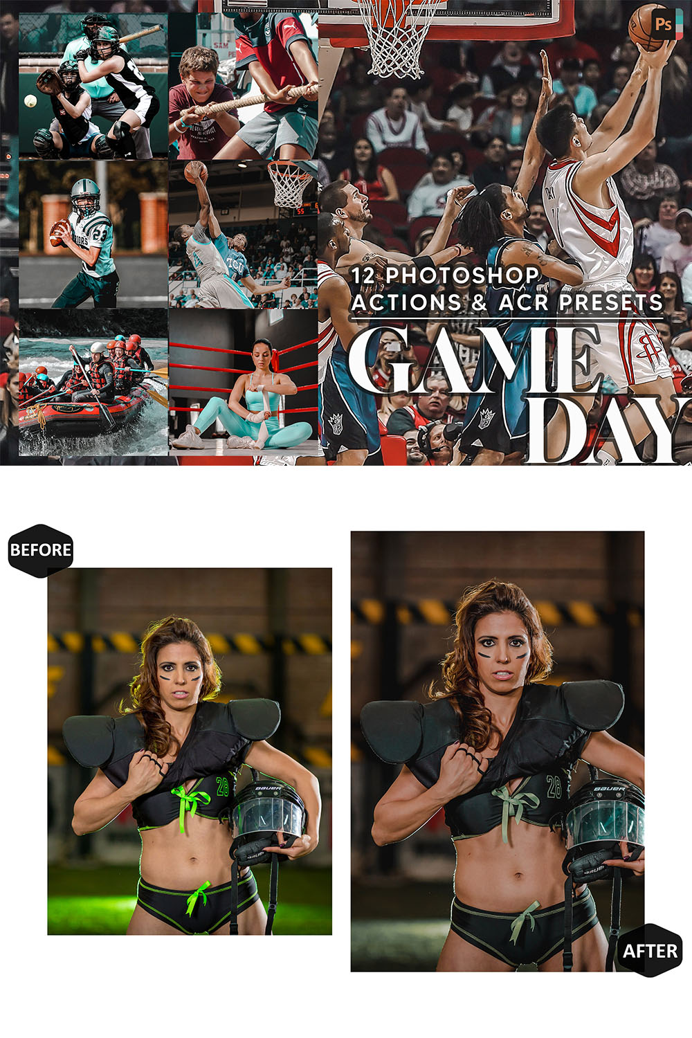 12 Photoshop Actions, Game Day Ps Action, Moody Stadium ACR Preset, Basketball Ps Filter, Atn Portrait And Lifestyle Theme For Instagram, Blogger pinterest preview image.