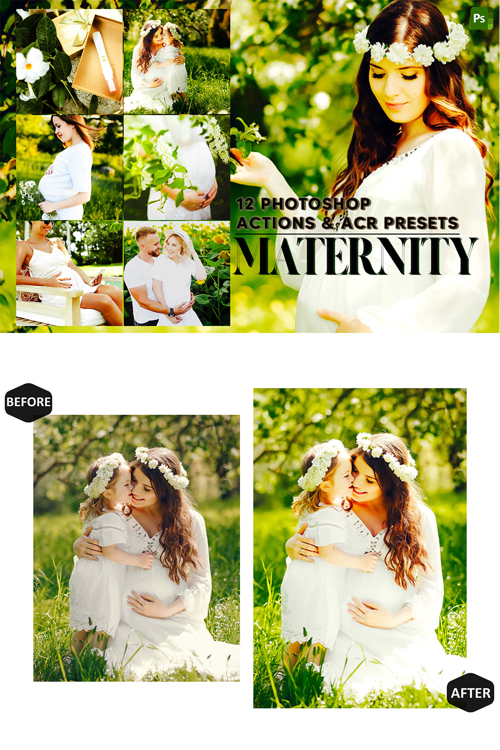 12 Photoshop Actions, Maternity Ps Action, Pregnancy ACR Preset, Summer Ps Filter, Atn Portrait And Lifestyle Theme For Instagram, Blogger pinterest preview image.
