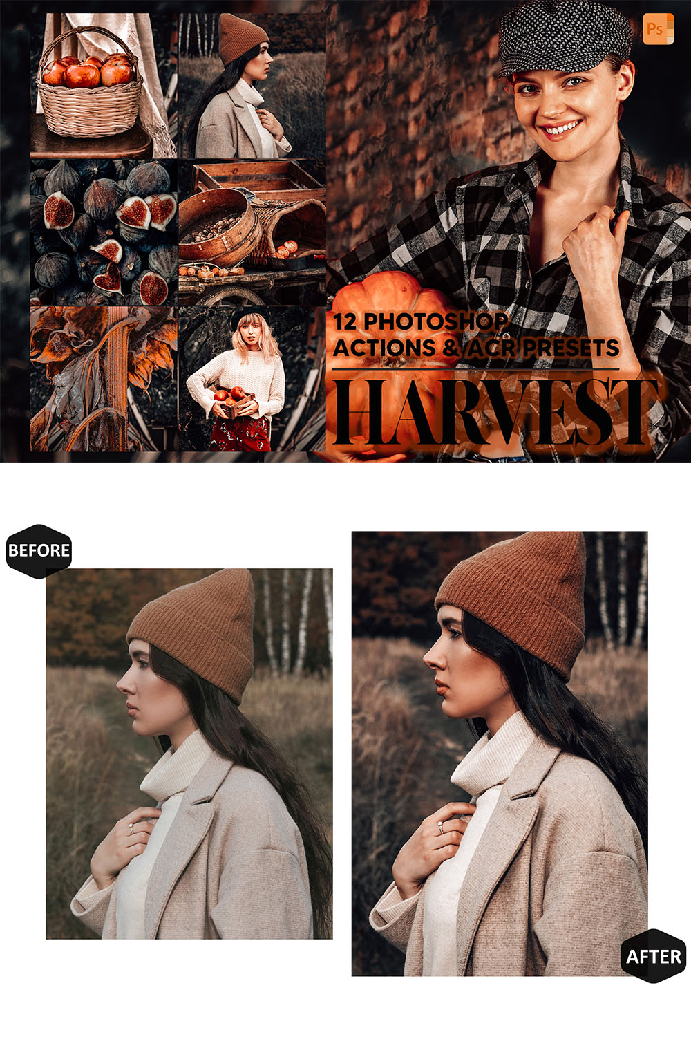 12 Photoshop Actions, Harvest Ps Action, Autumn ACR Preset, Moody Fall Ps Filter, Atn Portrait And Lifestyle Theme Instagram Blogger Orange pinterest preview image.