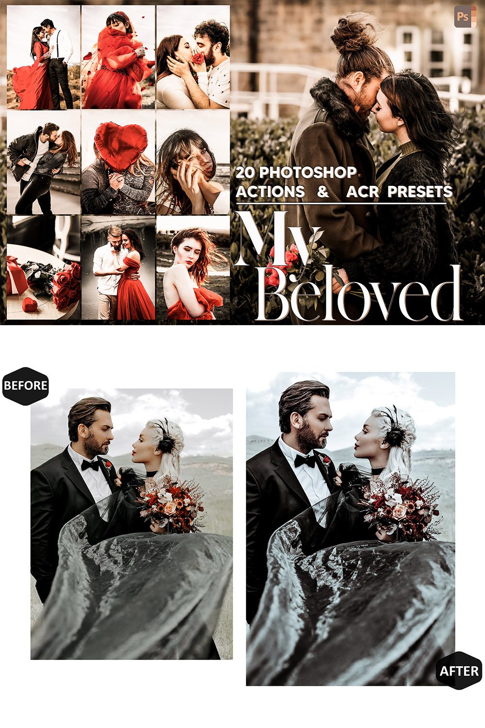 20 Photoshop Actions, My Beloved Ps Action, Love ACR Preset, Valentine Ps Filter, Atn Pictures And style Theme For Instagram, Blogger pinterest preview image.