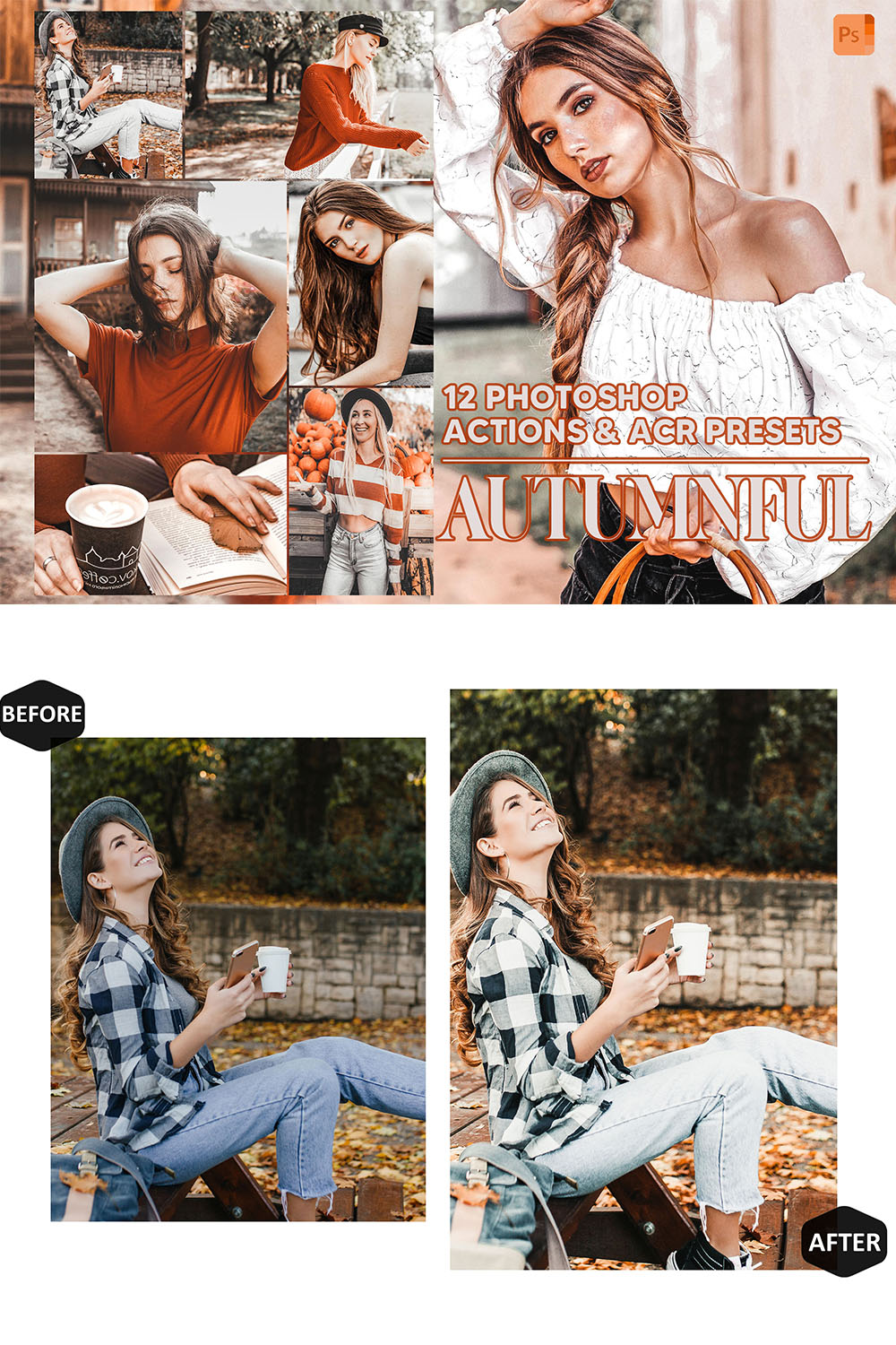 12 Photoshop Actions, Autumnful Ps Action, Fall ACR Preset, Warm Ps Filter, Atn Portrait And Lifestyle Theme For Instagram, Blogger pinterest preview image.