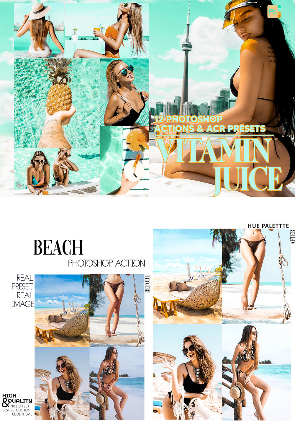 12 Photoshop Actions, Vitamin Juice Ps Action, Summer ACR Preset, Travel Ps Filter, Atn Portrait And Lifestyle Theme For Instagram, Blogger pinterest preview image.