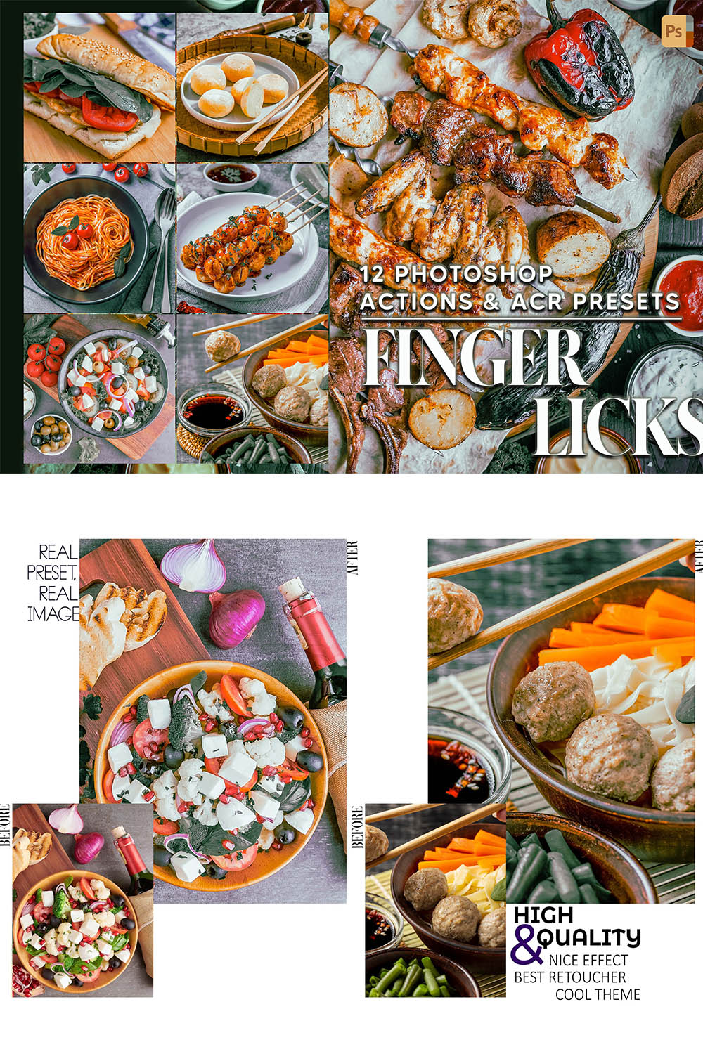 12 Photoshop Actions, Finger Licks Ps Action, Food Bright ACR Preset, Vibrant Ps Filter, Portrait And Lifestyle Theme For Instagram, Blogger pinterest preview image.