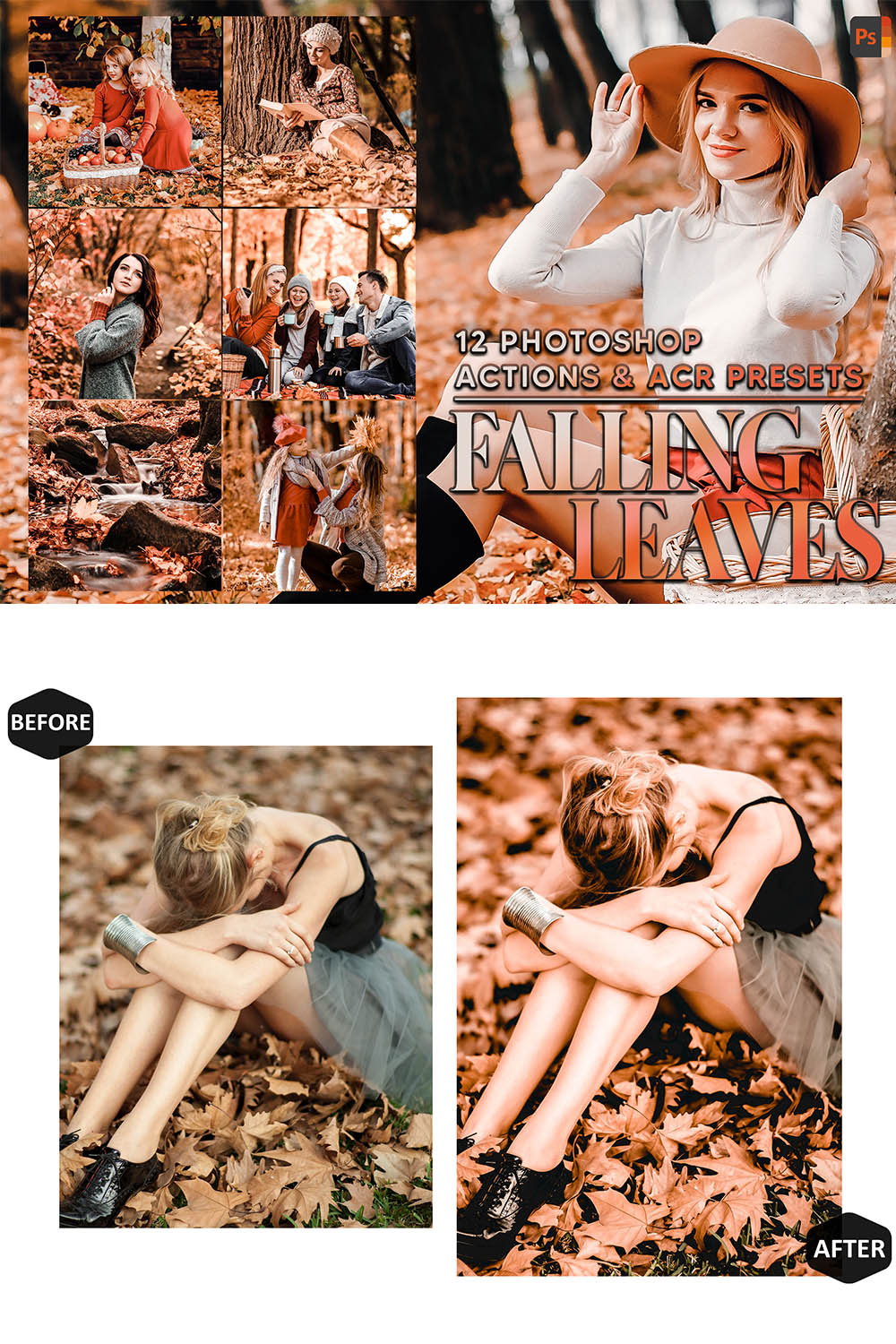12 Photoshop Actions, Falling Leaves Ps Action, Autumn Leaf ACR Preset, Fall Moody Ps Filter, Portrait And Lifestyle Theme For Instagram, Blogger pinterest preview image.