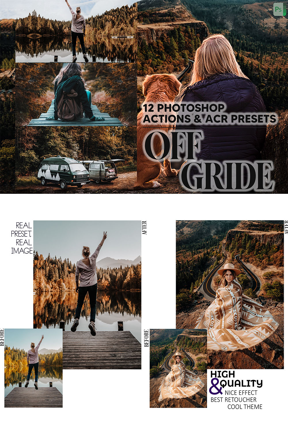 12 Photoshop Actions, Off Gride Ps Action, Moody ACR Preset, Nature Ps Filter, Atn Portrait And Lifestyle Theme For Instagram Blogger pinterest preview image.