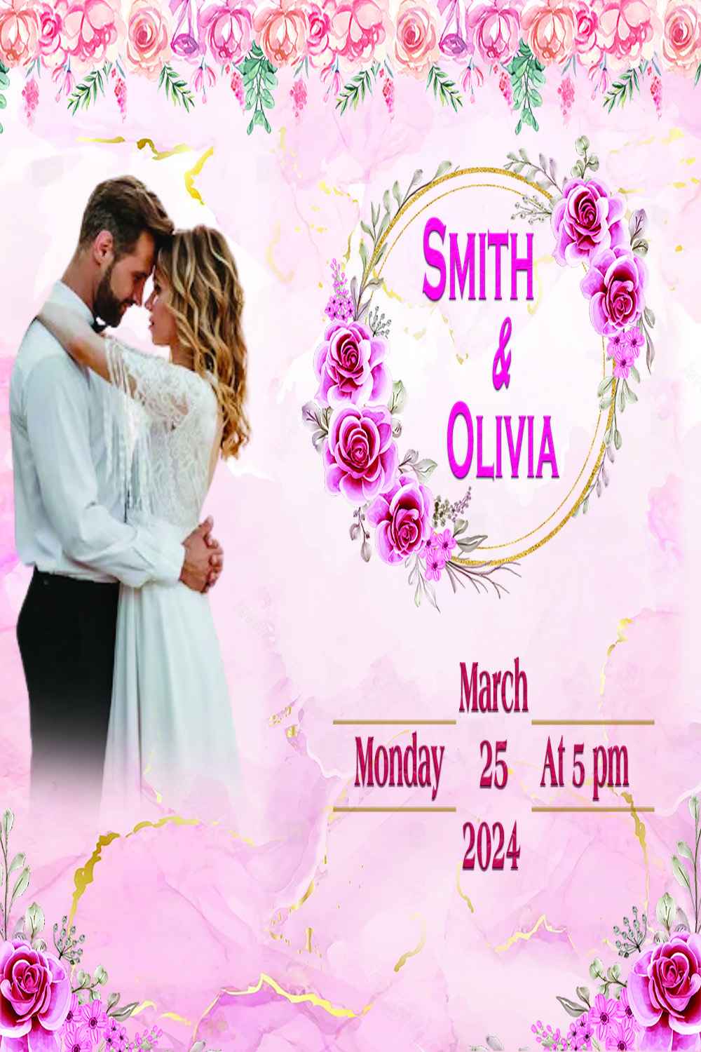 Wedding Invitation in pink background pinterest preview image.