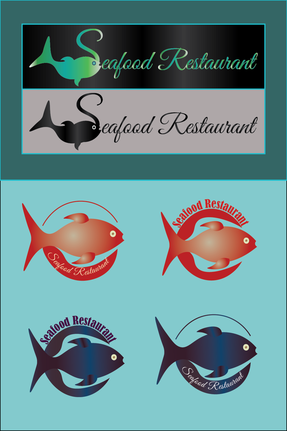 Seafood restaurant logo/Fish logo/Restaurant logos/ 4 Seafood logos with color variations pinterest preview image.