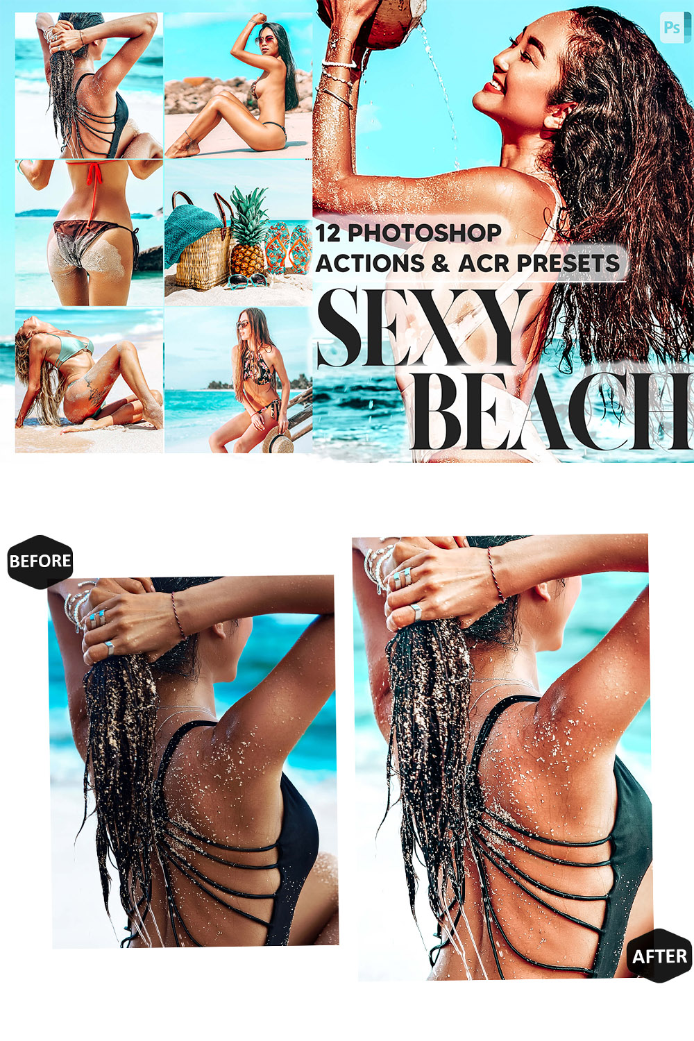 12 Photoshop Actions, Sexy Beach Ps Action, Ocean ACR Preset, Summer Ps Filter, Atn Portrait And Lifestyle Theme For Instagram, Blogger pinterest preview image.