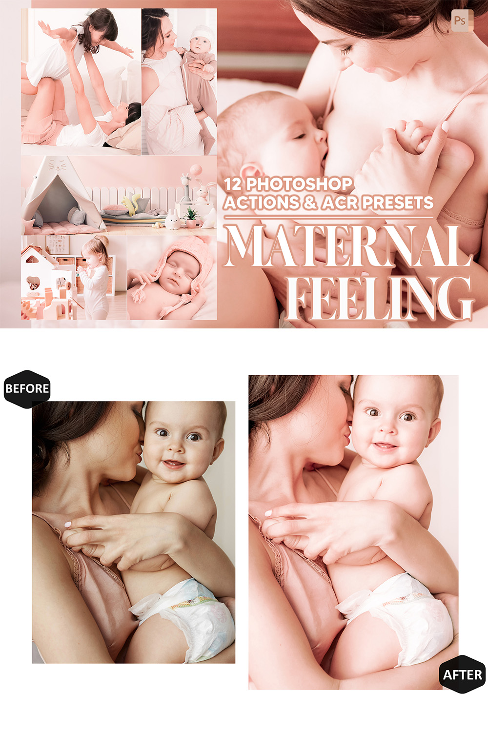 12 Photoshop Actions, Maternal Feeling Ps Action, Mother ACR Preset, Baby Ps Filter, Atn Portrait And Lifestyle Theme For Instagram, Blogge pinterest preview image.