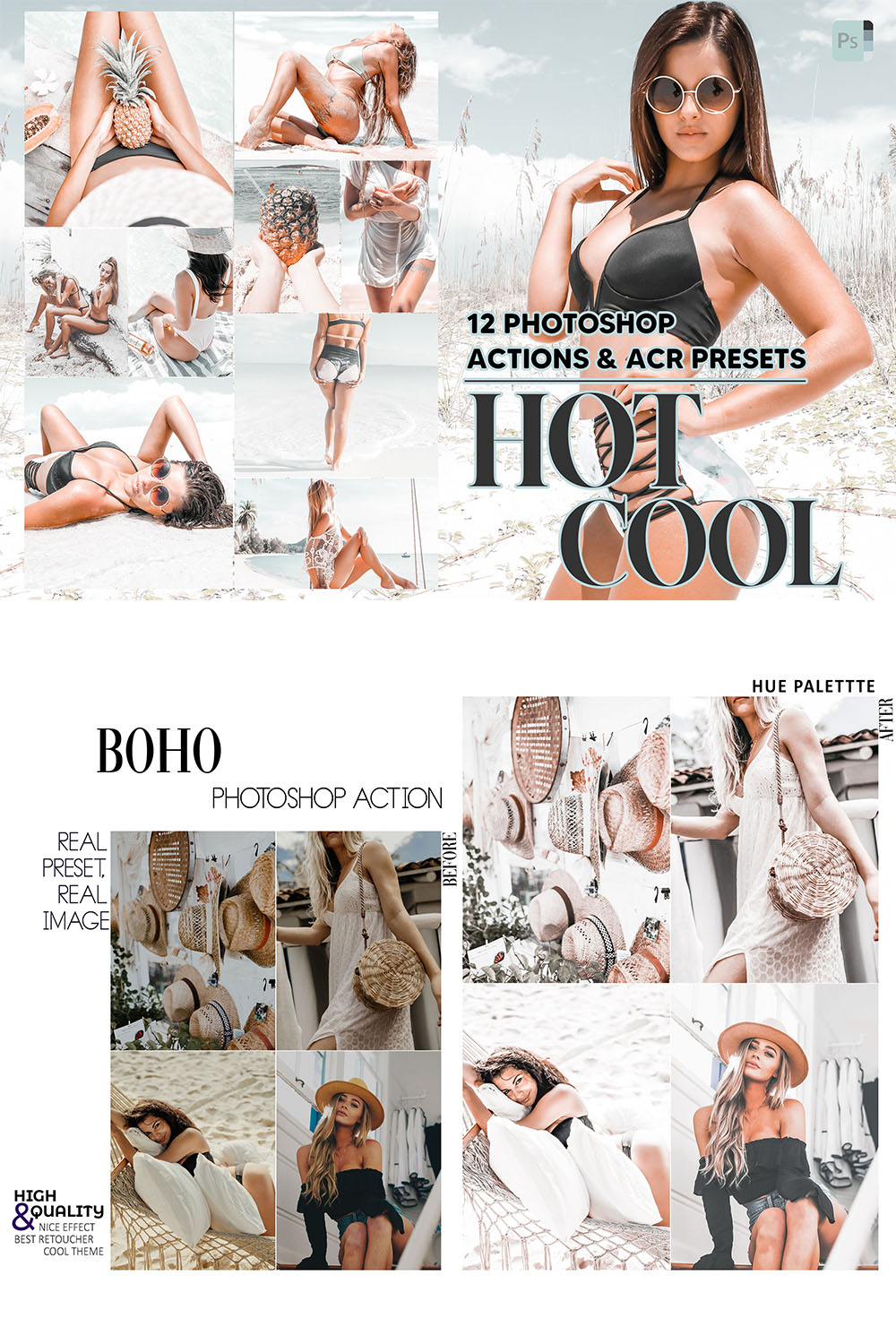 12 Photoshop Actions, Hot Cool Ps Action, Bright ACR Preset, Tan Ps Filter, Atn Portrait And Lifestyle Theme For Instagram, Blogger pinterest preview image.