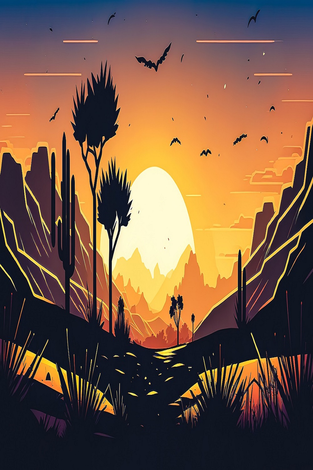 Sunset silhouettes trees mountains generative pinterest preview image.
