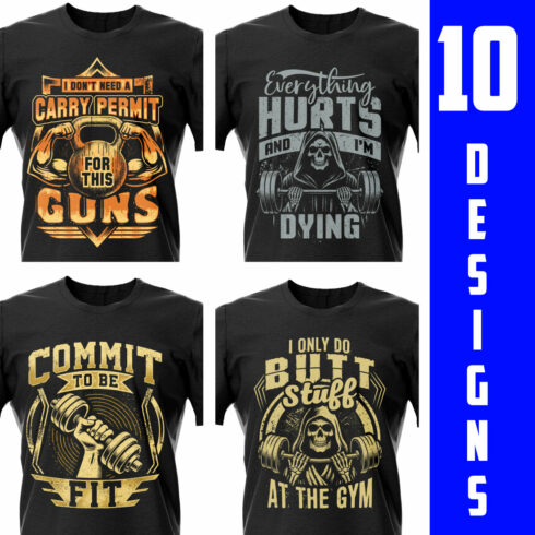 10 best selling fitness/gym t shirt design bundle cover image.