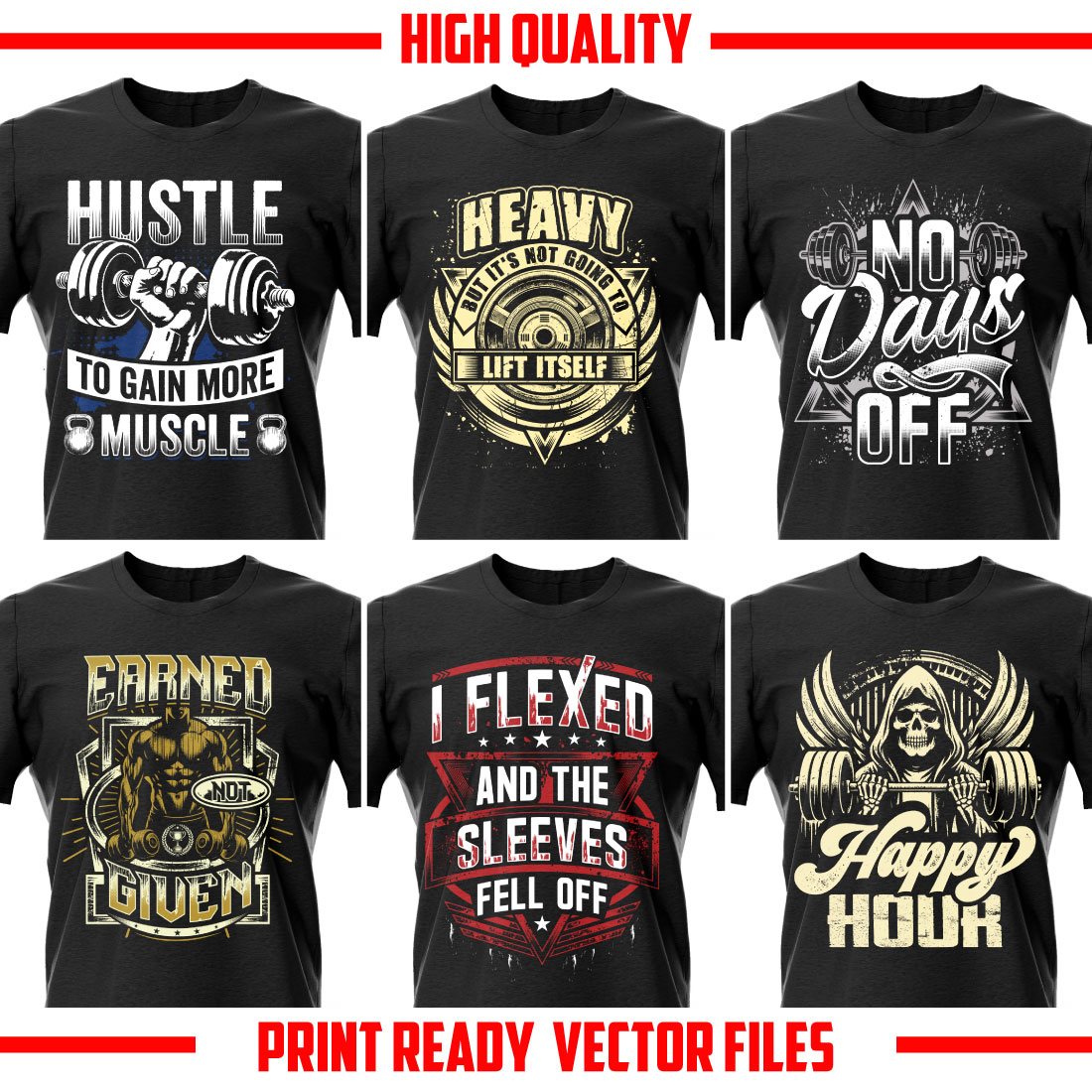 10 best selling fitness/gym t shirt design bundle preview image.