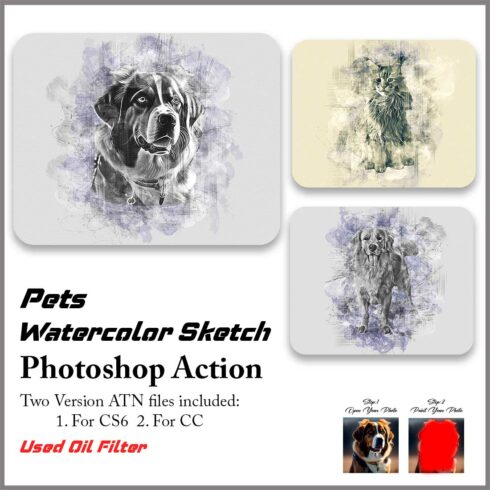 Pets Watercolor Sketch Photoshop Action cover image.
