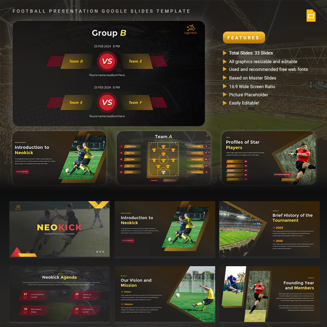 Neokick - Football Presentation Google Slides Template cover image.