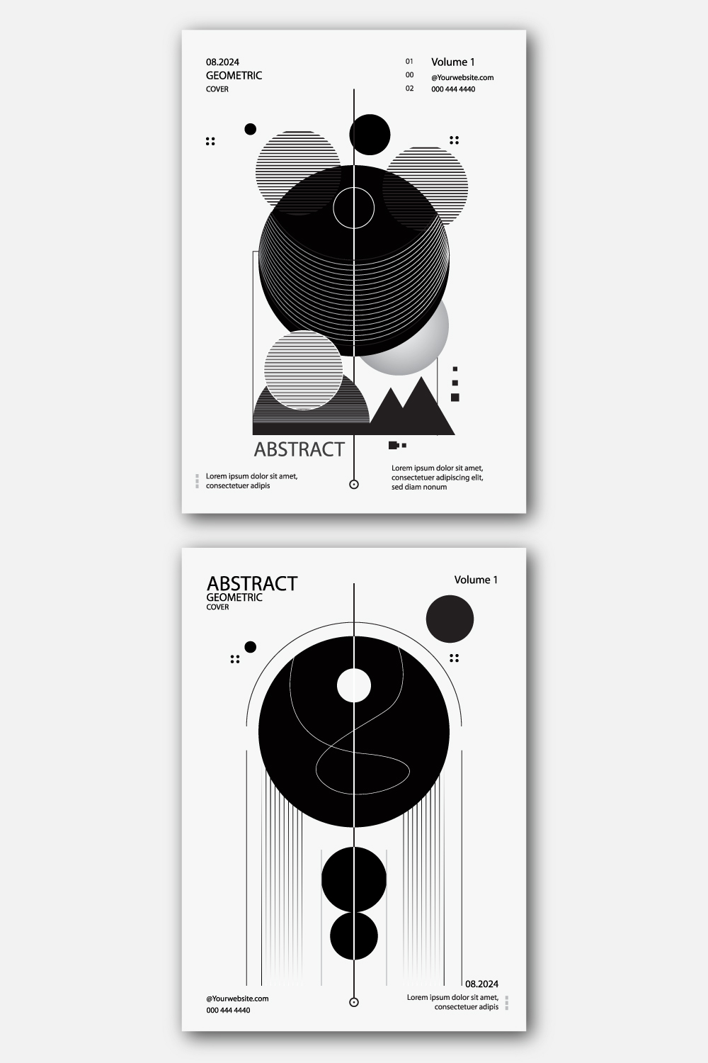 Black and white Print brochure cover design template with retro geometric graphics pinterest preview image.