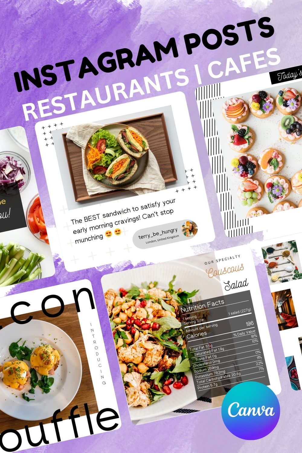 Instagram Posts for Restaurants and Food Business Canva Templates pinterest preview image.