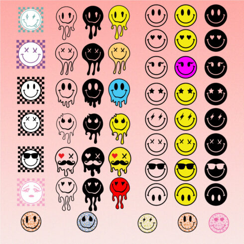 Smiley face svg, smiley silhouettes, drippy smiley svg, melting smiley svg, checkered smiley svg, happy face svg, emoji svg, smiles, trendy svg, png cut file cover image.