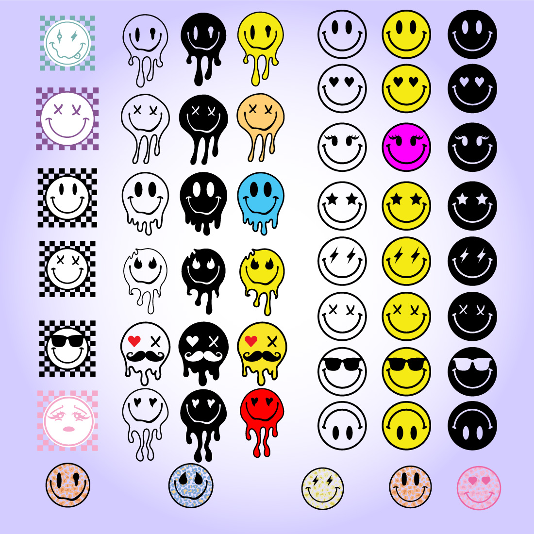 Smiley face svg, smiley silhouettes, drippy smiley svg, melting smiley svg, checkered smiley svg, happy face svg, emoji svg, smiles, trendy svg, png cut file preview image.