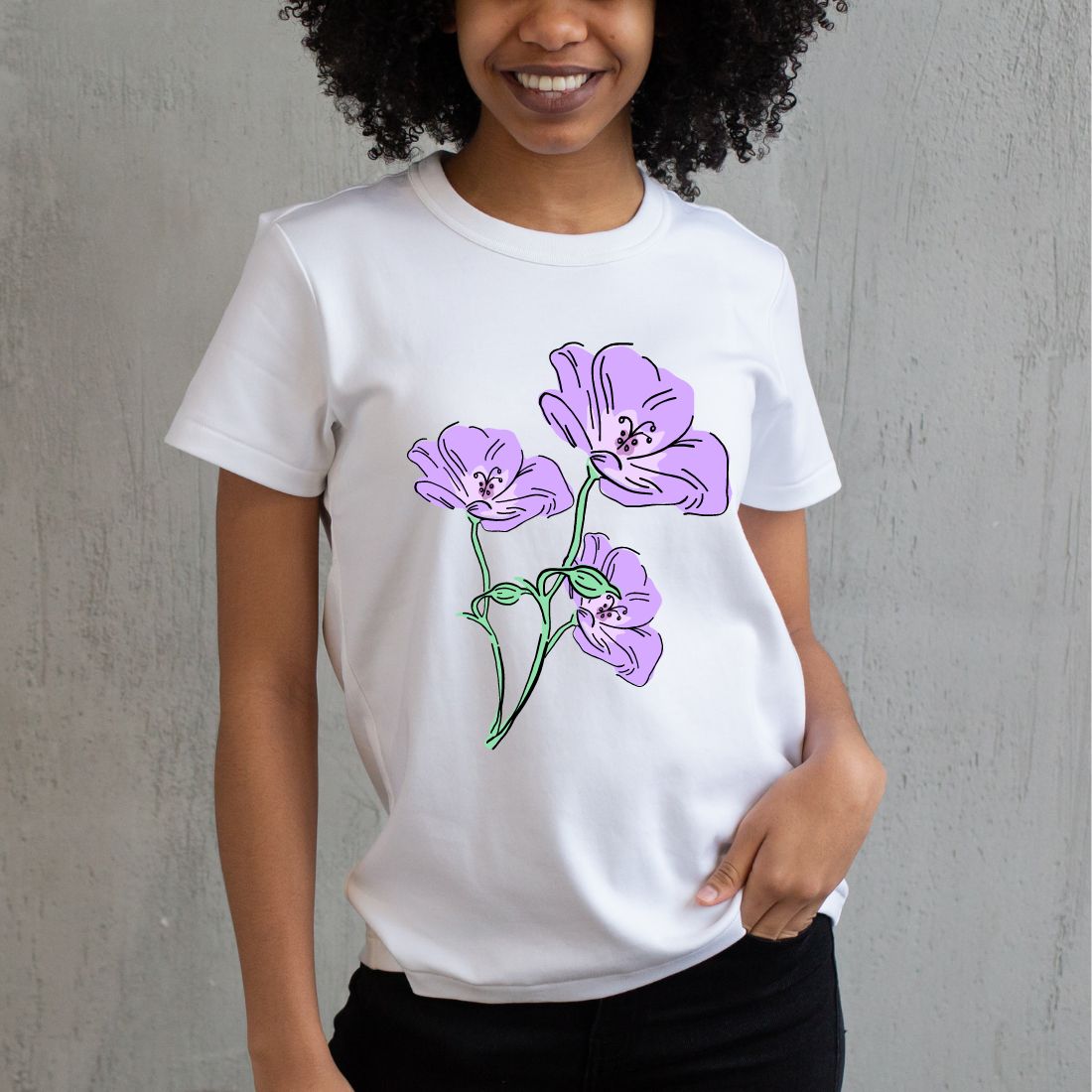 Purple flowers design t-shirt preview image.