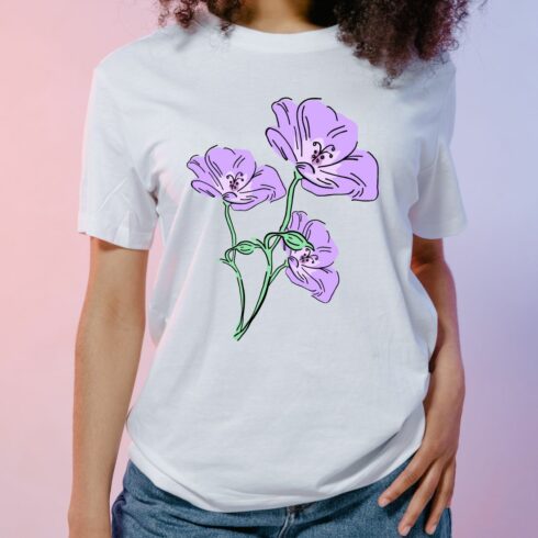 Purple flowers design t-shirt cover image.