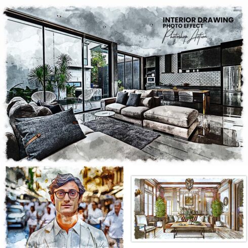 Interior Drawing Photoshop Action cover image.