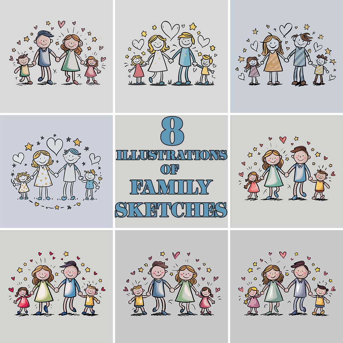 8 illustrations family sketches cover image.