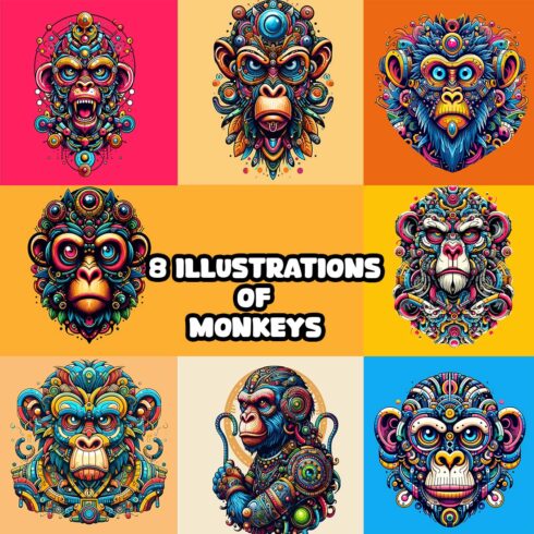 8 illustrations of monkeys cover image.