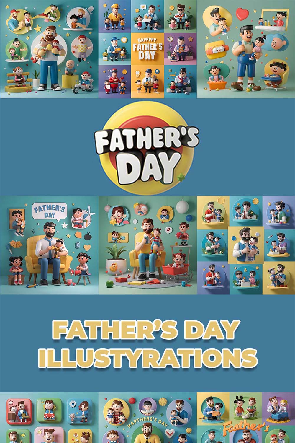12 Father's Day-themed featuring various 3d cartoon pinterest preview image.