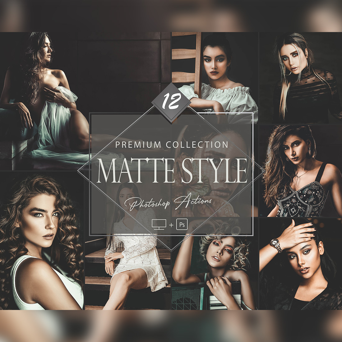 12 Photoshop Actions, Matte Style Ps Action, Black Dark ACR Preset, Moody Filter, monotone And Lifestyle Theme For Instagram, Blogger, Bronze portrait cover image.