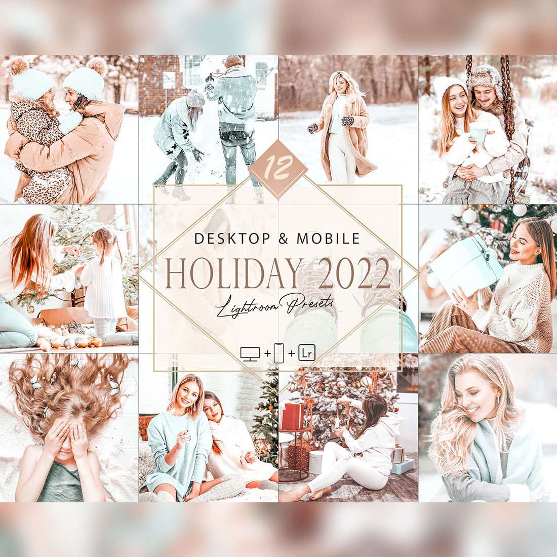 12 Holiday 2022 Lightroom Presets, Winter Preset, Christmas Desktop LR Filter, DNG Portrait Lifestyle, Top Theme, Autumn Blogger Instagram cover image.