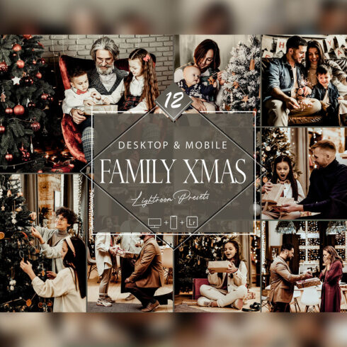 12 Family Xmas Lightroom Presets, Holidays Mobile Preset, Christmas Desktop LR Filter DNG Portrait Lifestyle Theme Moody Blogger Instagram cover image.