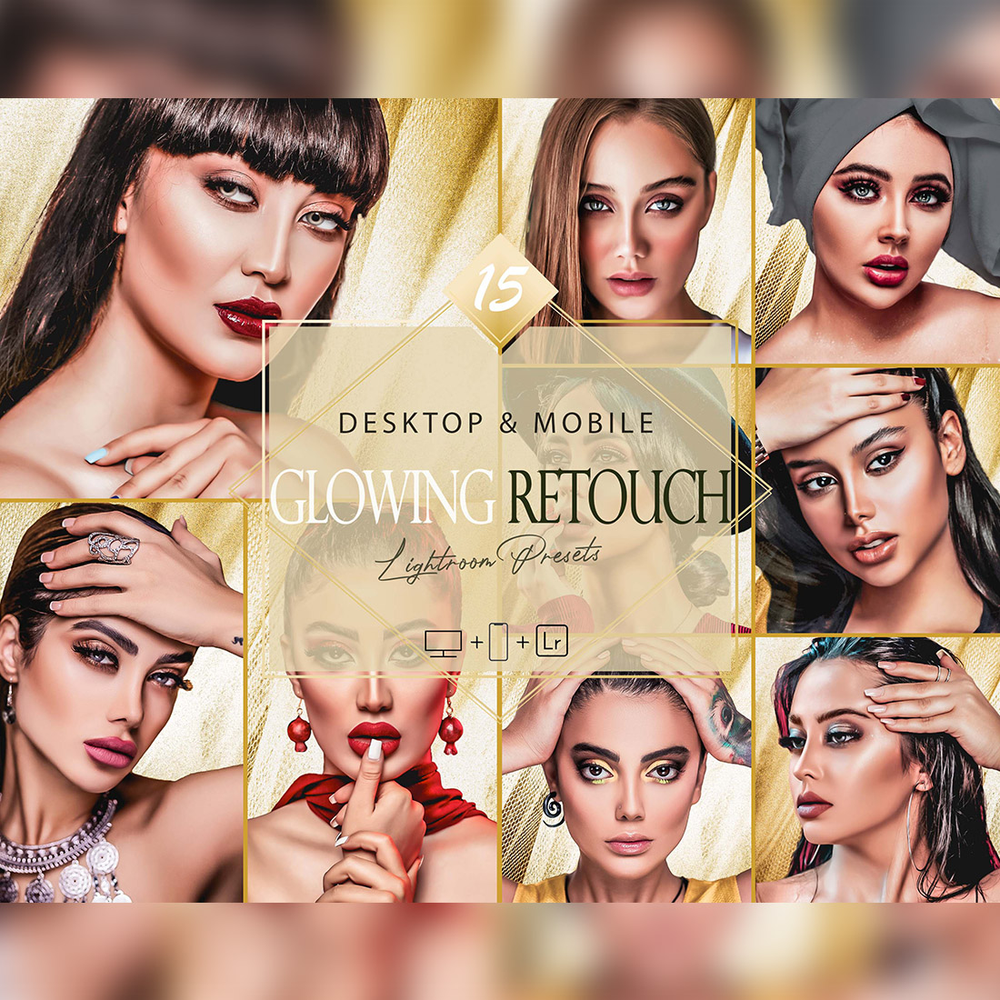 15 Glowing Retouch Lightroom Presets, Beauty Mobile Preset, Bright Makeup Desktop LR Filter DNG Portrait Lifestyle Theme Blogger Instagram Face cover image.