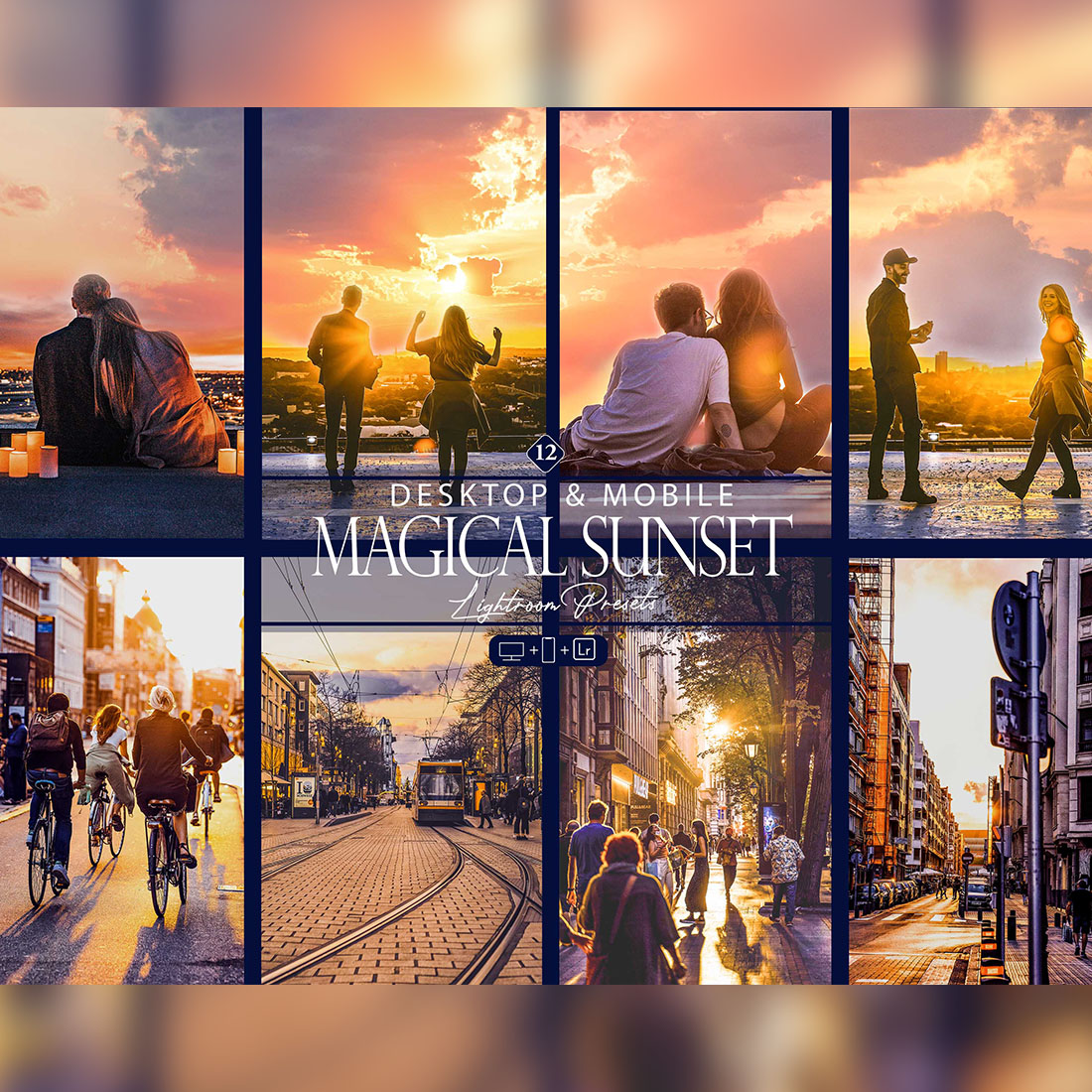 12 Magical Sunset Lightroom Presets, Bright Preset, Purple Desktop LR Filter, DNG Portrait Lifestyle, Top Theme, Twilight Blogger Instagram cover image.