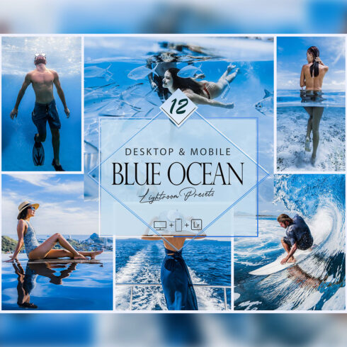 12 Blue Ocean Lightroom Presets, Bright Preset, Gulf Desktop LR Filter, DNG Portrait Lifestyle, Top Theme, Summer Blogger Instagram cover image.