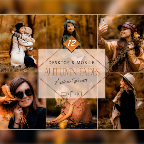 12 Autumn Fades Lightroom Presets, Fall Preset, Orange Moody Desktop LR Filter, DNG Portrait Lifestyle, Top Theme, Blur Blogger Instagram cover image.