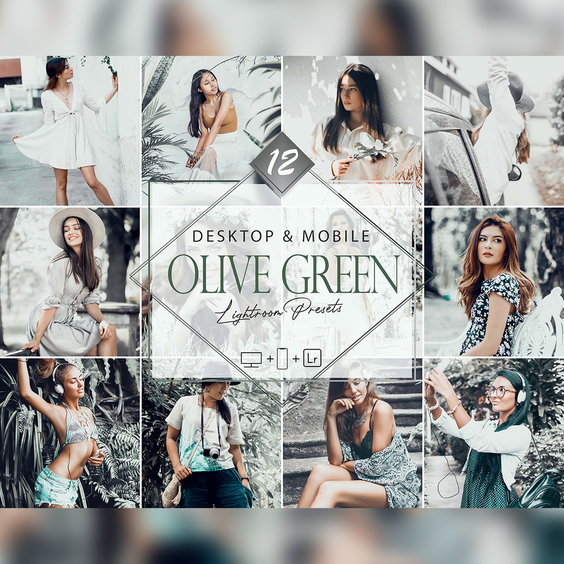 12 Olive Green Lightroom Presets, Forest Preset, Avocado Desktop LR Filter, DNG Portrait Lifestyle, Top Theme, Summer Blogger Instagram cover image.