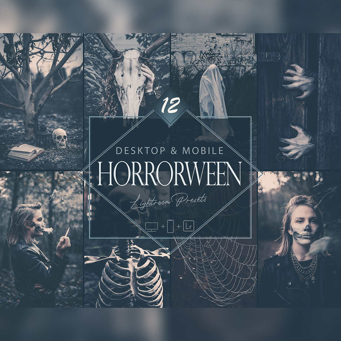 12 Horrorween Lightroom Presets, Moody Halloween Mobile Preset, Dark Horror Desktop LR Filter DNG Portrait Lifestyle Top Theme Blogger cover image.