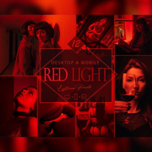 12 Red Light Lightroom Presets, Valentine Mobile Preset, Sexy Desktop LR Filter DNG Artist Influencer Theme Blogger Instagram cover image.