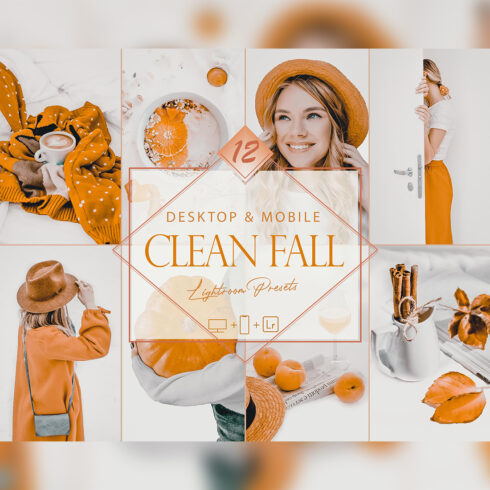 12 Clean Fall Lightroom Presets, Autumn Preset, Orange Desktop LR Filter, DNG Portrait Lifestyle, Top Theme, Autumn Blogger Instagram cover image.