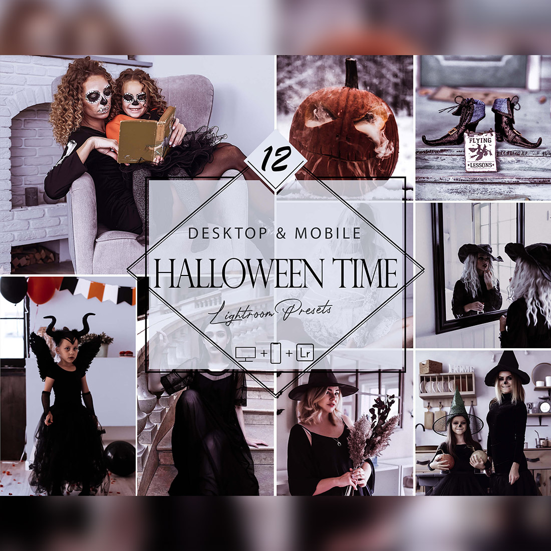 12 Halloween Time Lightroom Presets, horror Mobile Preset, Moody Desktop LR Filter DNG Portrait Lifestyle Theme Bright Blogger Instagram cover image.