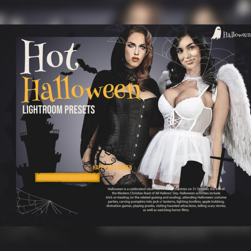 12 Hot Halloween Lightroom Presets, Sexy Moody Preset, Erotic Horror Desktop LR Filter DNG Portrait Lifestyle Top Theme Blogger Instagram cover image.